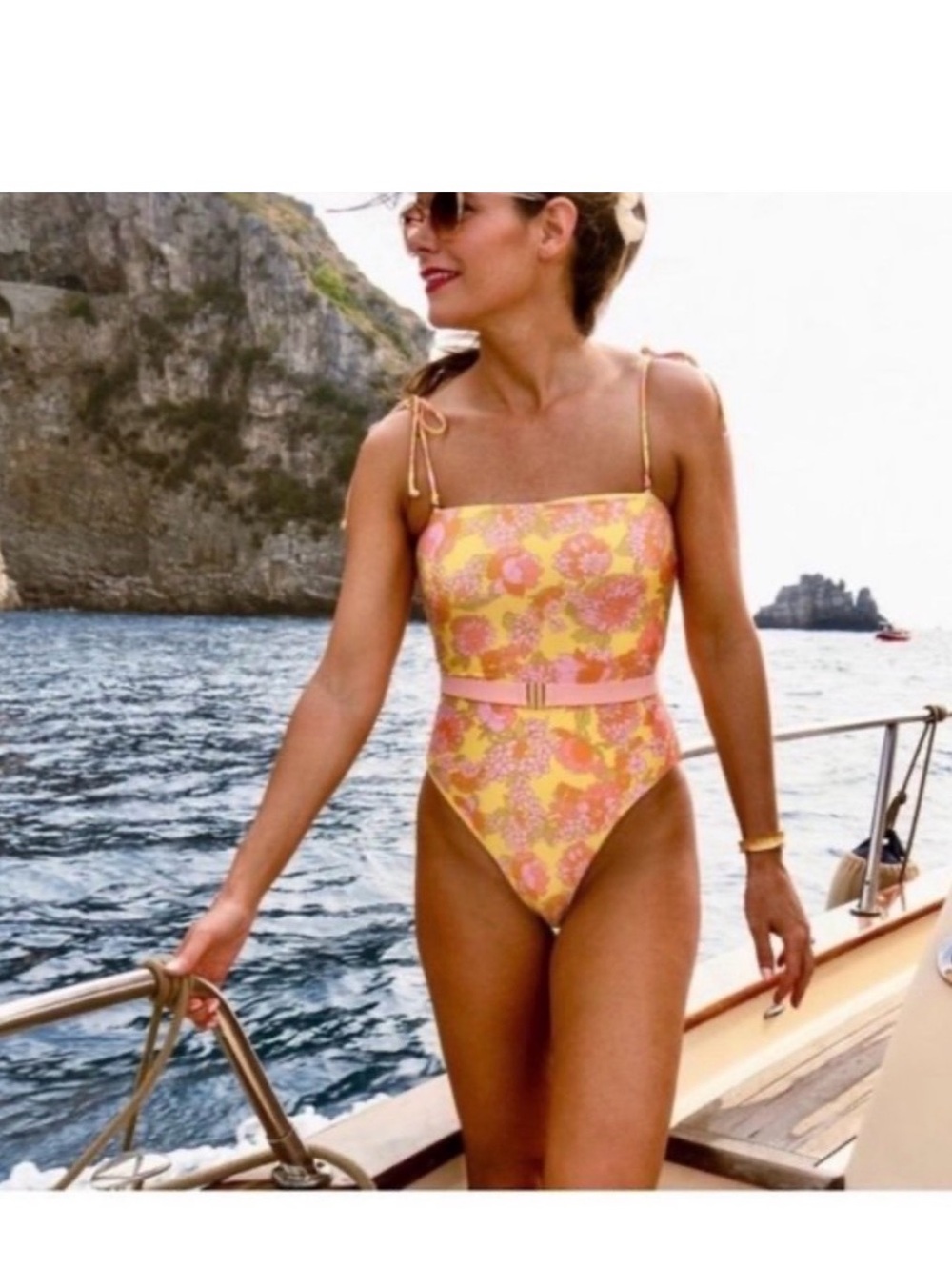 l*space Pink and Yellow Floral One-Piece with Belt